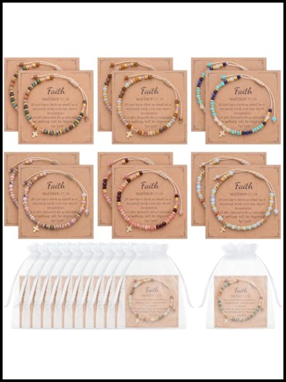 Cross Bracelets for Women, 12 Pack, Stainless Steel Adjustable Stone Bead